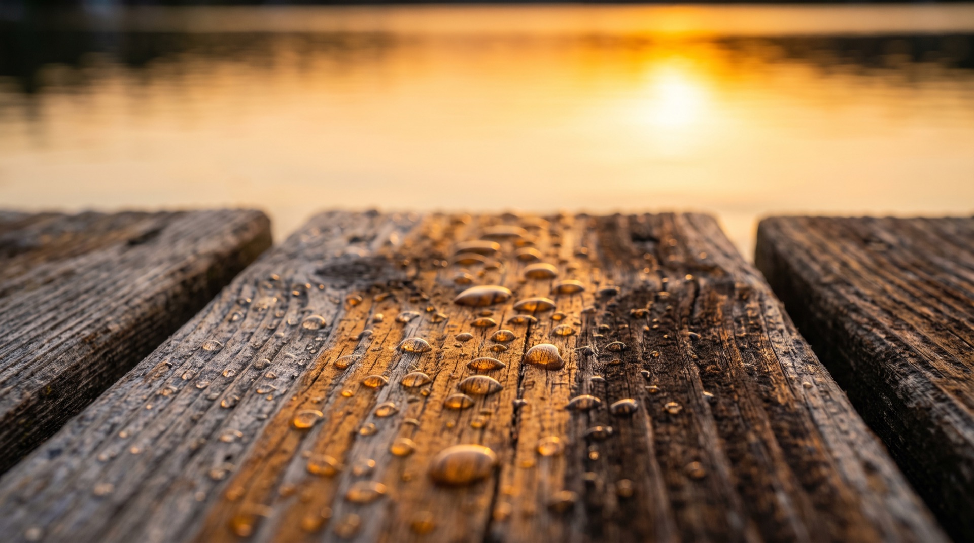 Tautropfen auf Holzplanken, dahinter der goldene See